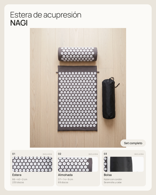 El set NAGI: estera, almohada y bolsa, con sus medidas